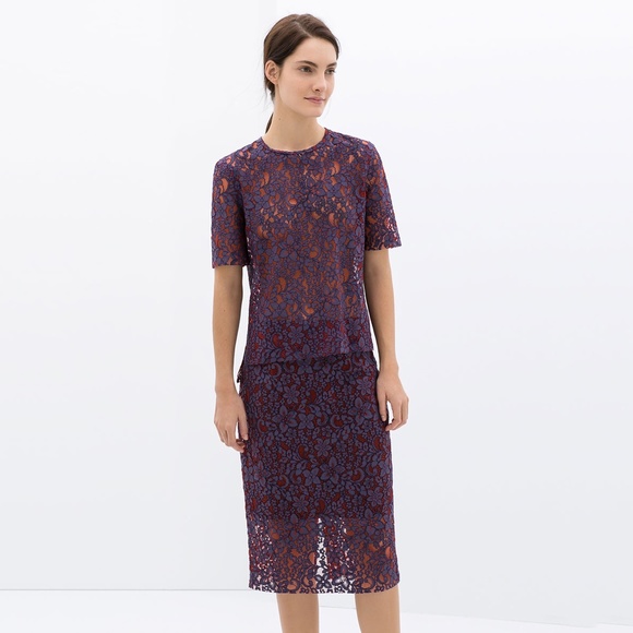 zara • red purple mauve two tone floral lace side zip midi work skirt • m - Picture 3 of 14